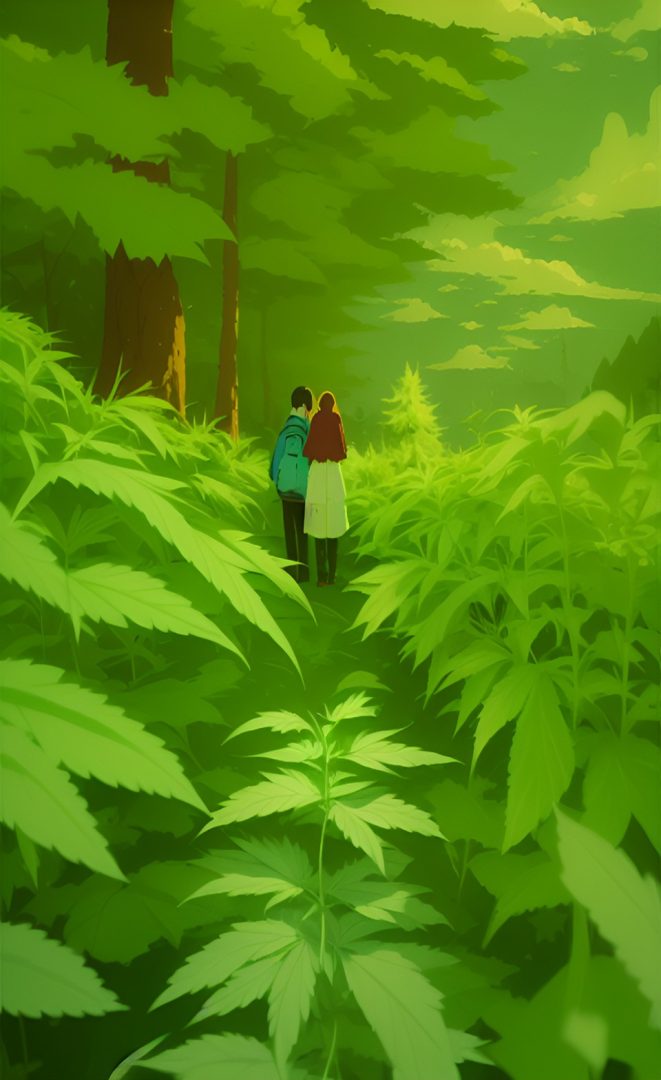 Illustration of a patient and their loved one walking through cannabis to be healed.