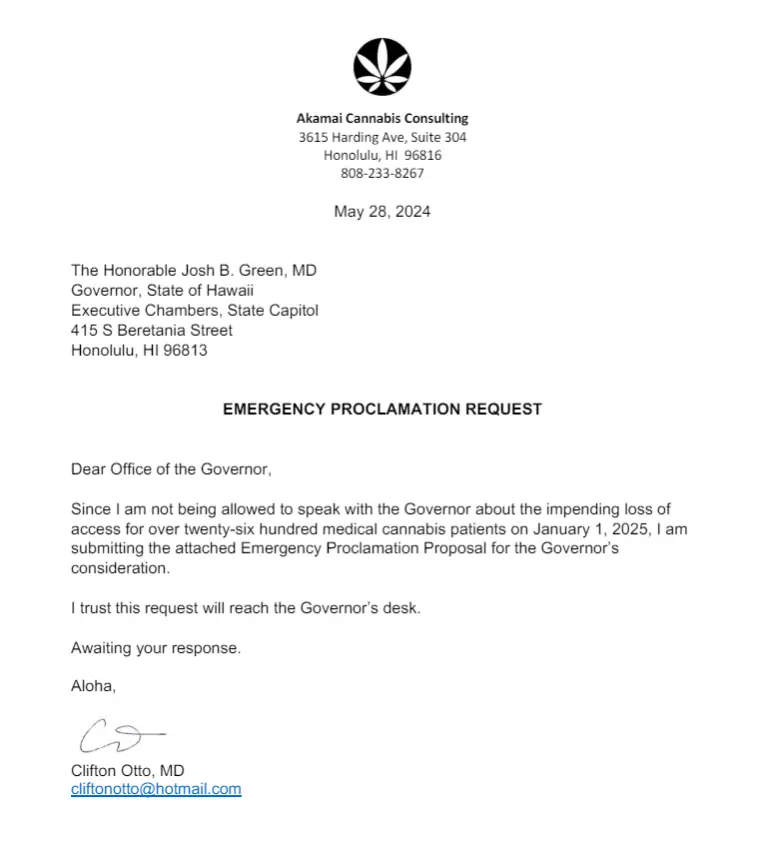 Letter from Dr. Otto to Governor Josh Green regarding the end of Hawaii's medical cannabis caregiver program.