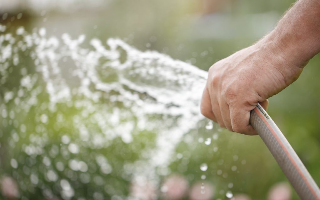 Holding water rubber hose tube. Watering