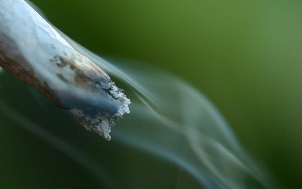 Lit marijuana joint smoking on green background