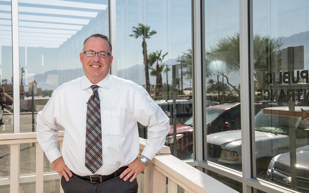 Desert Hot Springs Mayor Scott Matas poses for a portrait at city hall in Desert Hot Springs, CA. (Justin L. Stewart for Leafly)