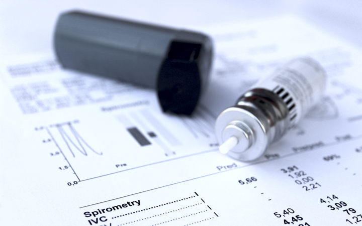 Asthma inhaler with spirometry test results